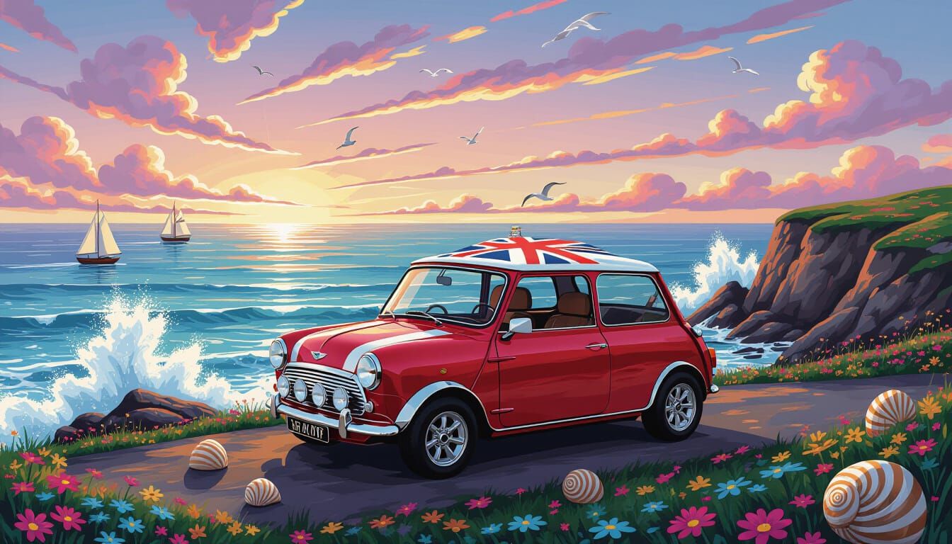 Vintage Mini Cooper on Autumn Cliff Overlooking Sea