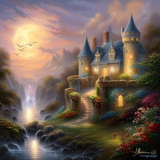 Ethereal Ghosts in Old Castle, Kinkade Style