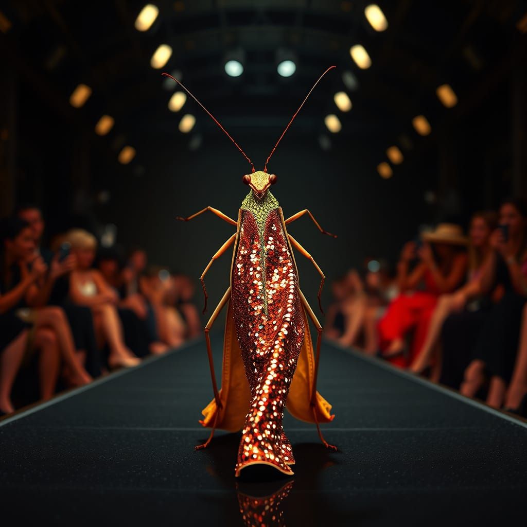 Glamorous Katydid Struts Down the Catwalk in Sequin Evening ...