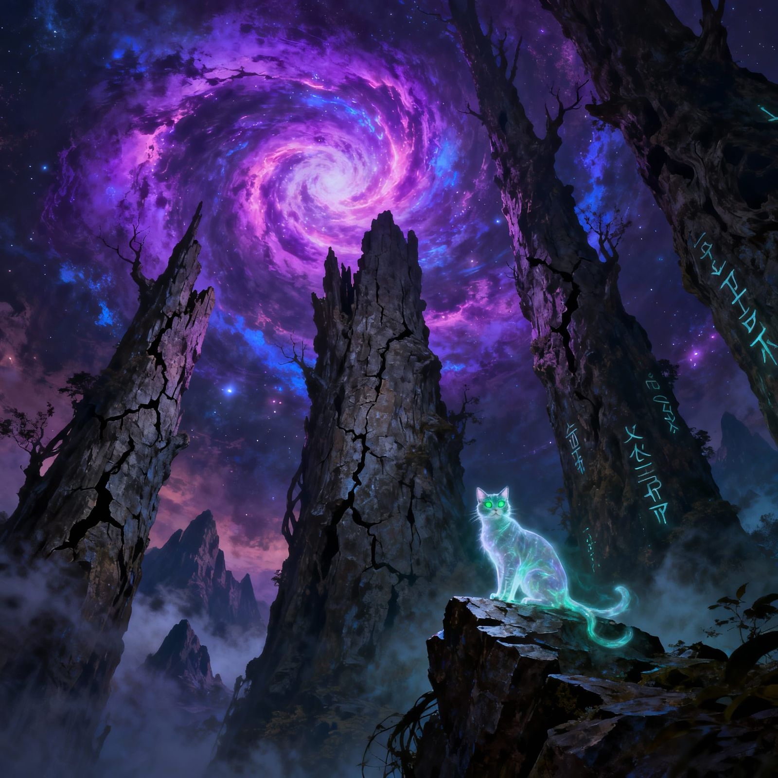 Dark Fantasy Landscape with Spectral Cat and Cosmic Vortex
