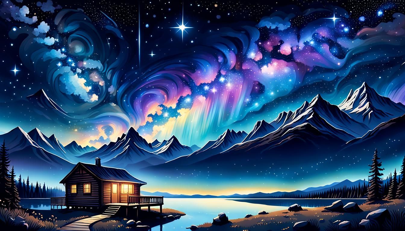 Cabin Under a Starry Night Sky