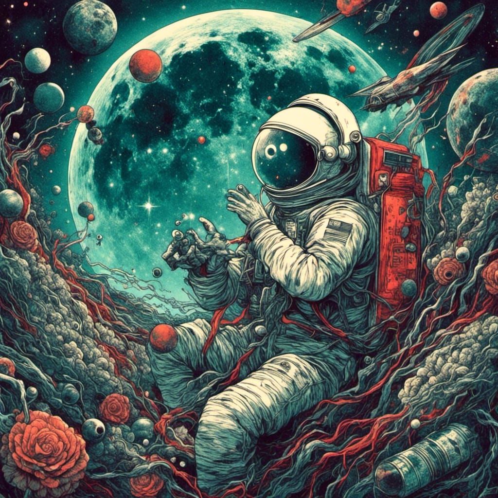 Astronaut in War-Torn Space: Surreal Scene