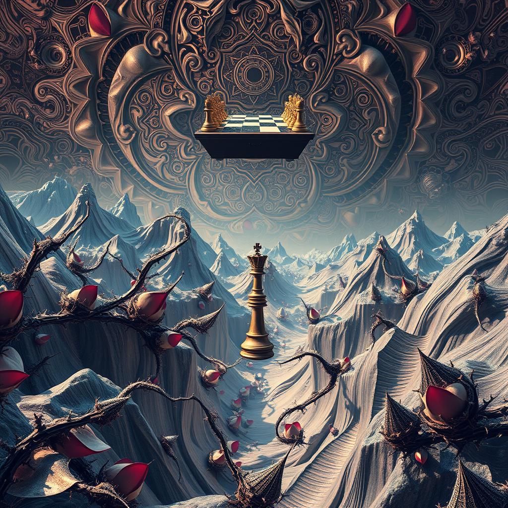 Surreal Landscape with Floating Chess Game