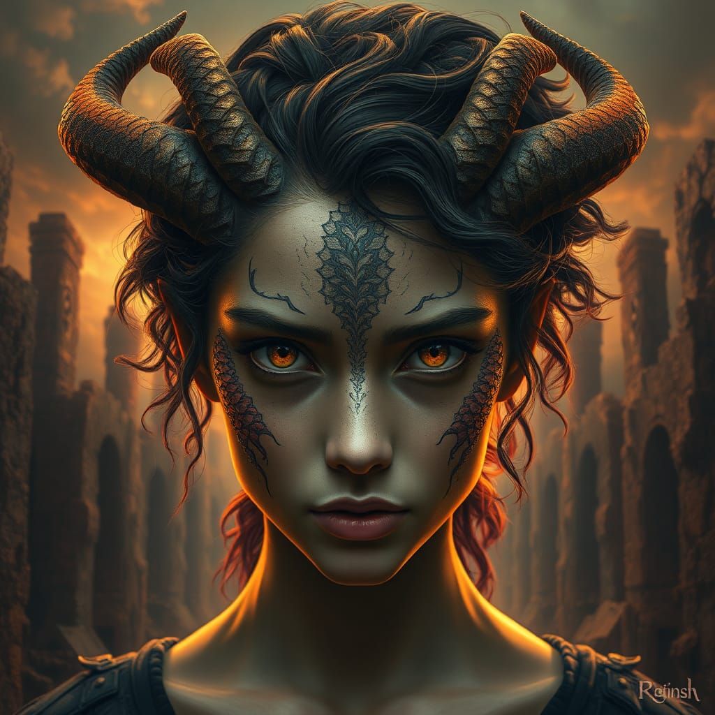 Dragon-Eyed Woman in Mystical Ruins