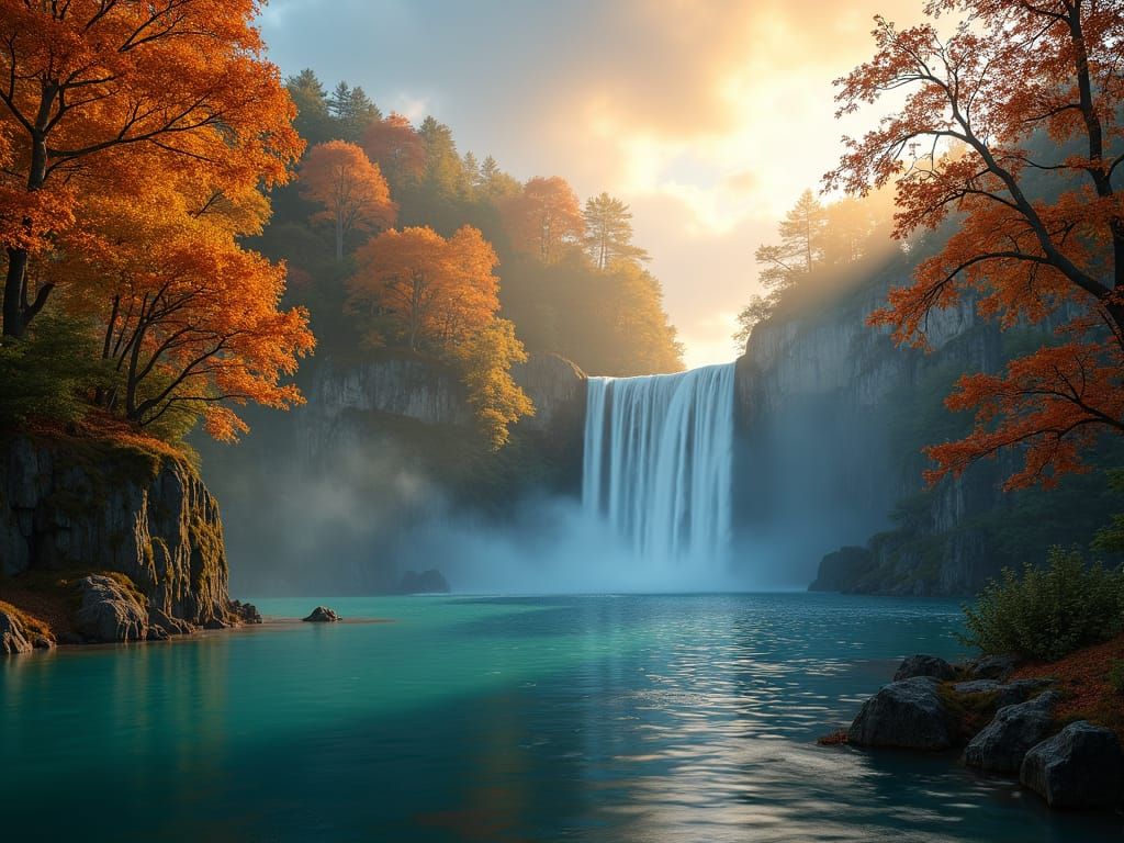 Autumn Twilight Over Turquoise Waterfalls, National Park