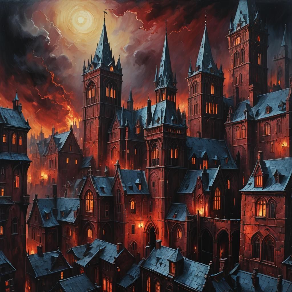 Gotham Gothic: Crimson Haze and Ominous Shadows