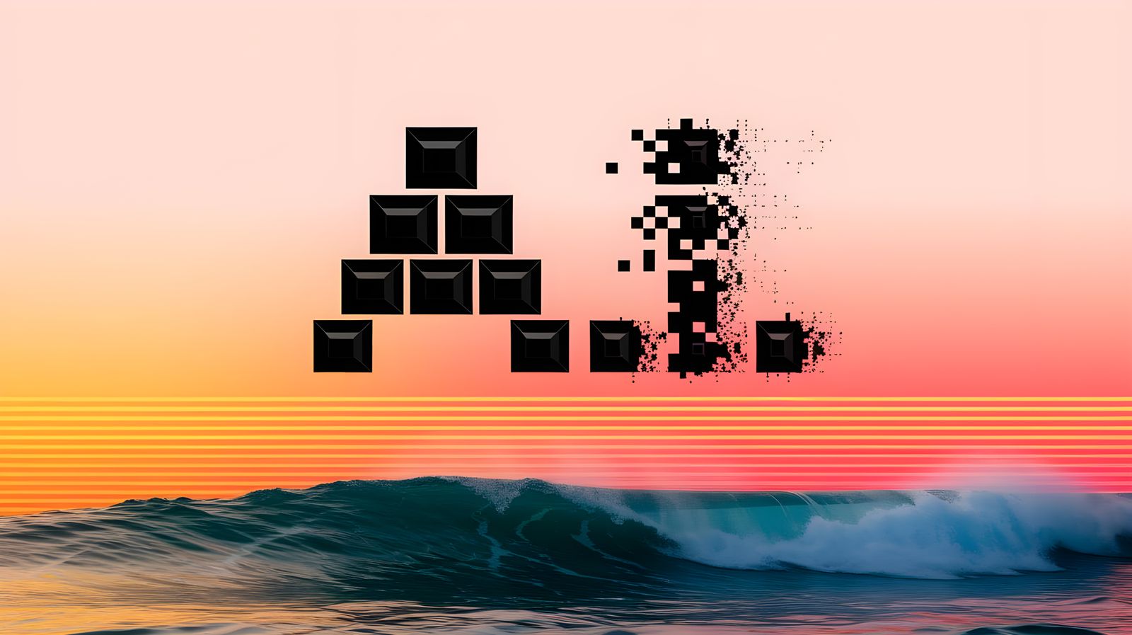 Abstract A.I. Silhouette Dissolving into Pixelated Sea