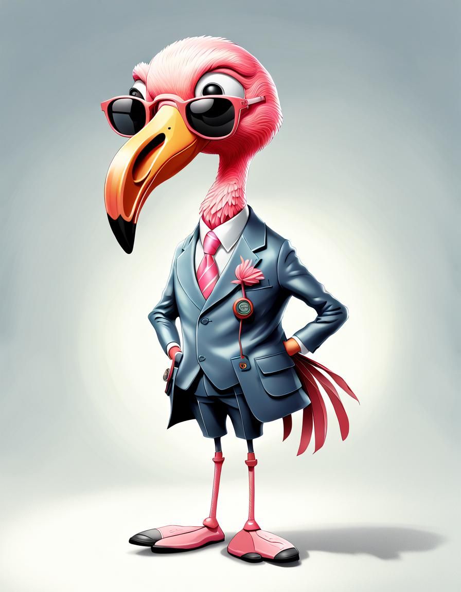 Funny Flamingo Spy Caricature with Volumetric Lighting