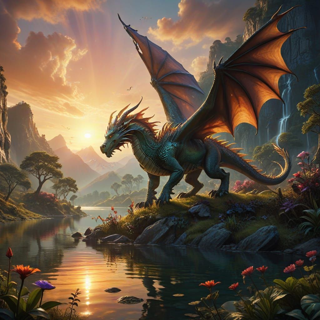 Majestic Dragon Soaring Above Unicorns in Fantasy Landscape