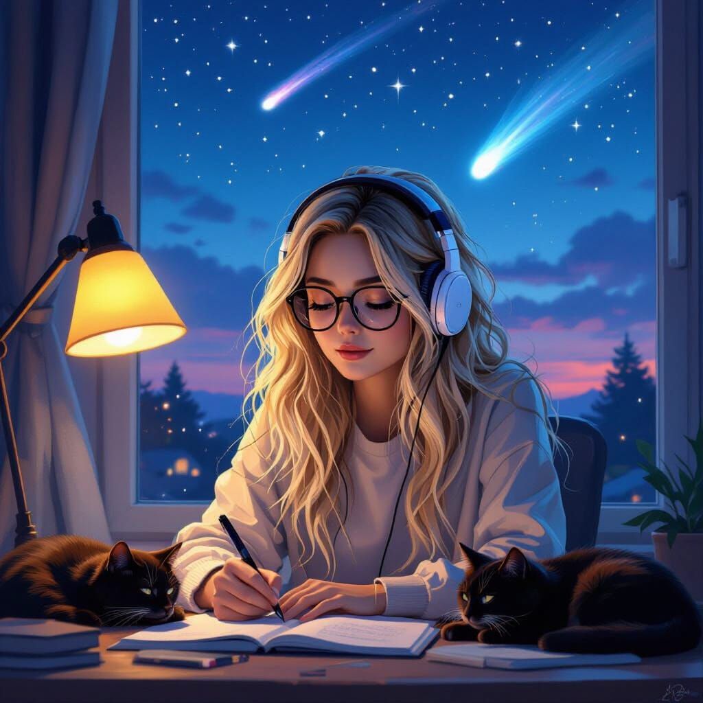 Lofi Girl Studying at Night in Digital Art Style