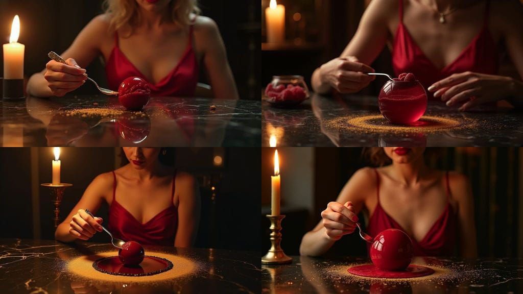Woman in Crimson Dress Interacts with Glossy Raspberry Spher...