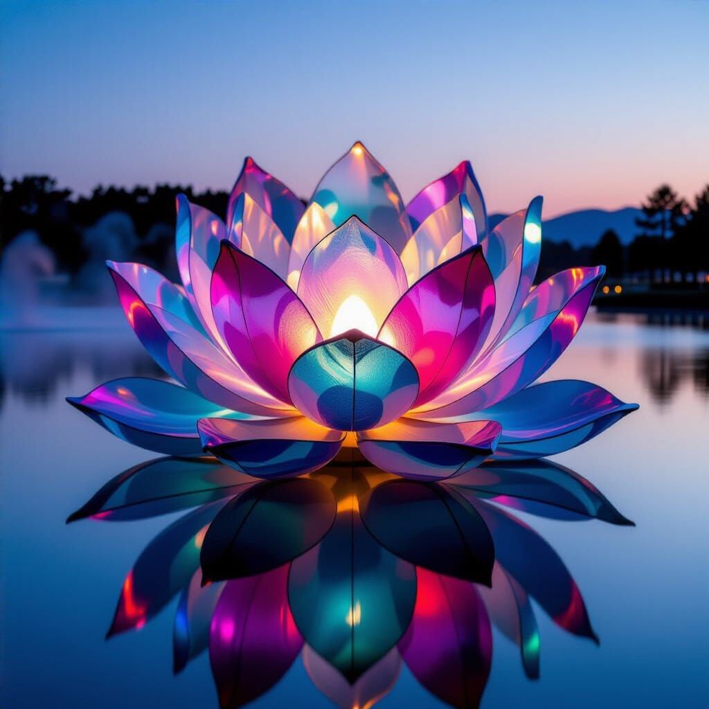 Ethereal Sea Glass Lotus Over Reflective Lake at Dusk