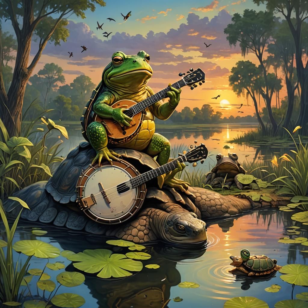 A bullfrog playing a banjo on the back of a big tortoise