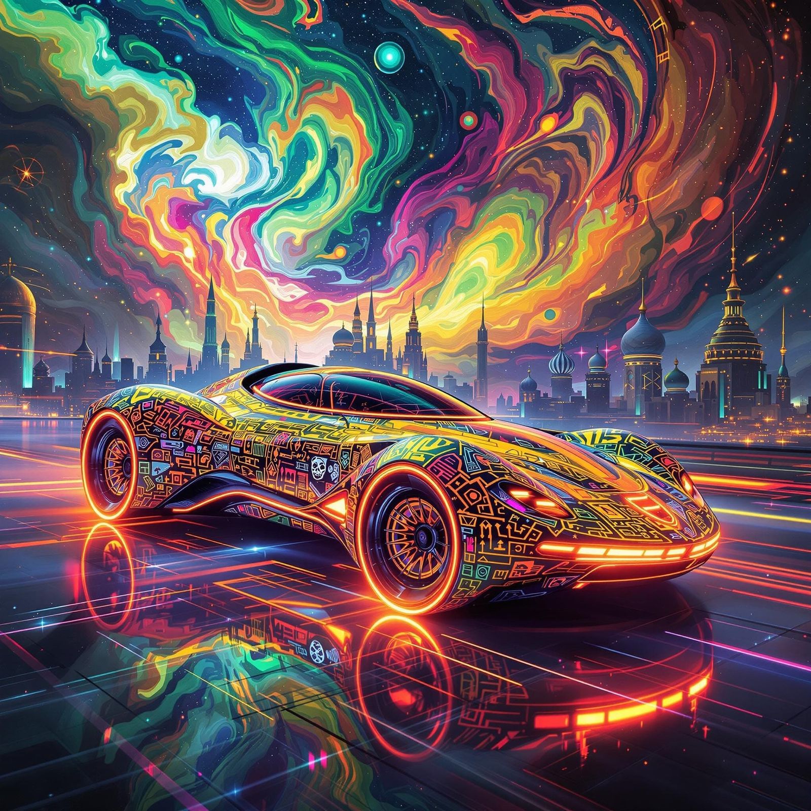 Psychedelic Supercar in Futuristic Metropolis