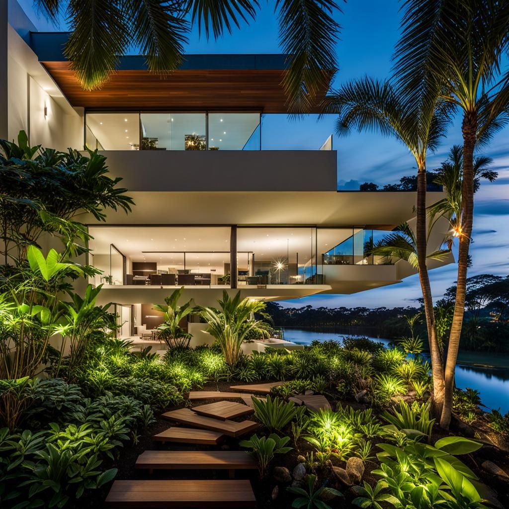 Lush Tropical Garden Oasis on Modern Glass Home