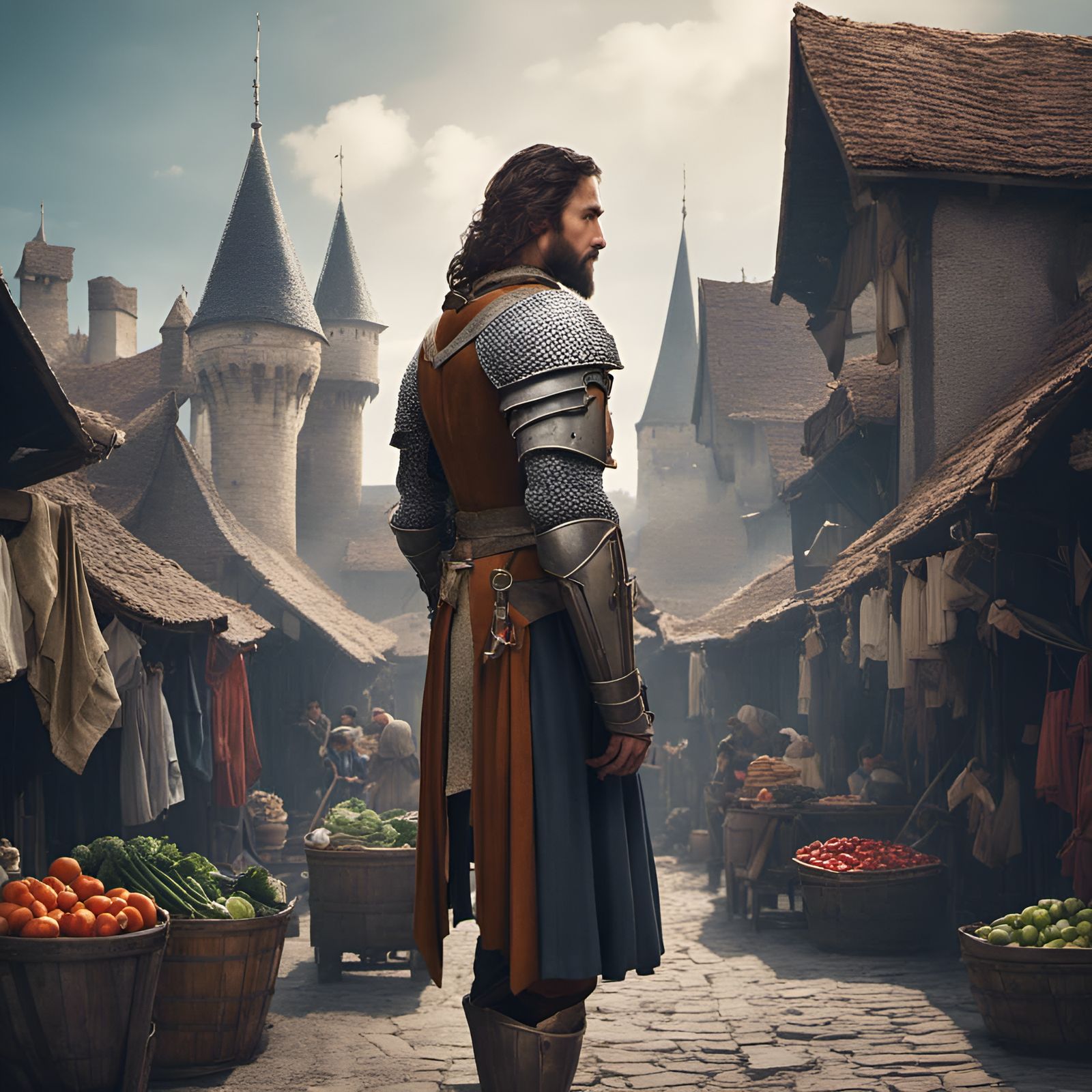 Knight and Aerial View of Medieval Village