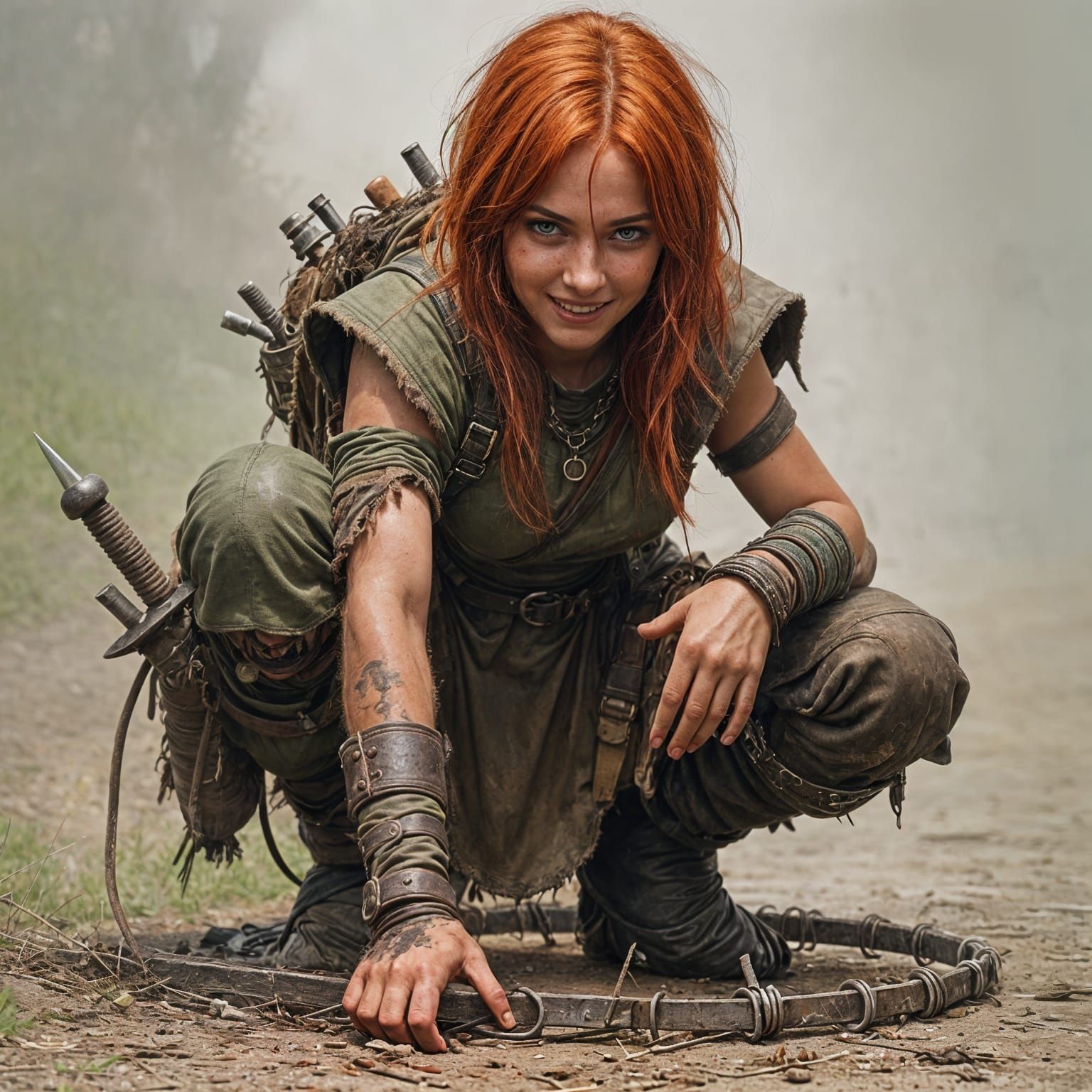 Cyberpunk Warrior Woman in Tattered Leather Armor