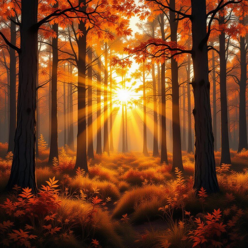 Golden Hour Pine Forest Illuminated by Celestial Glow