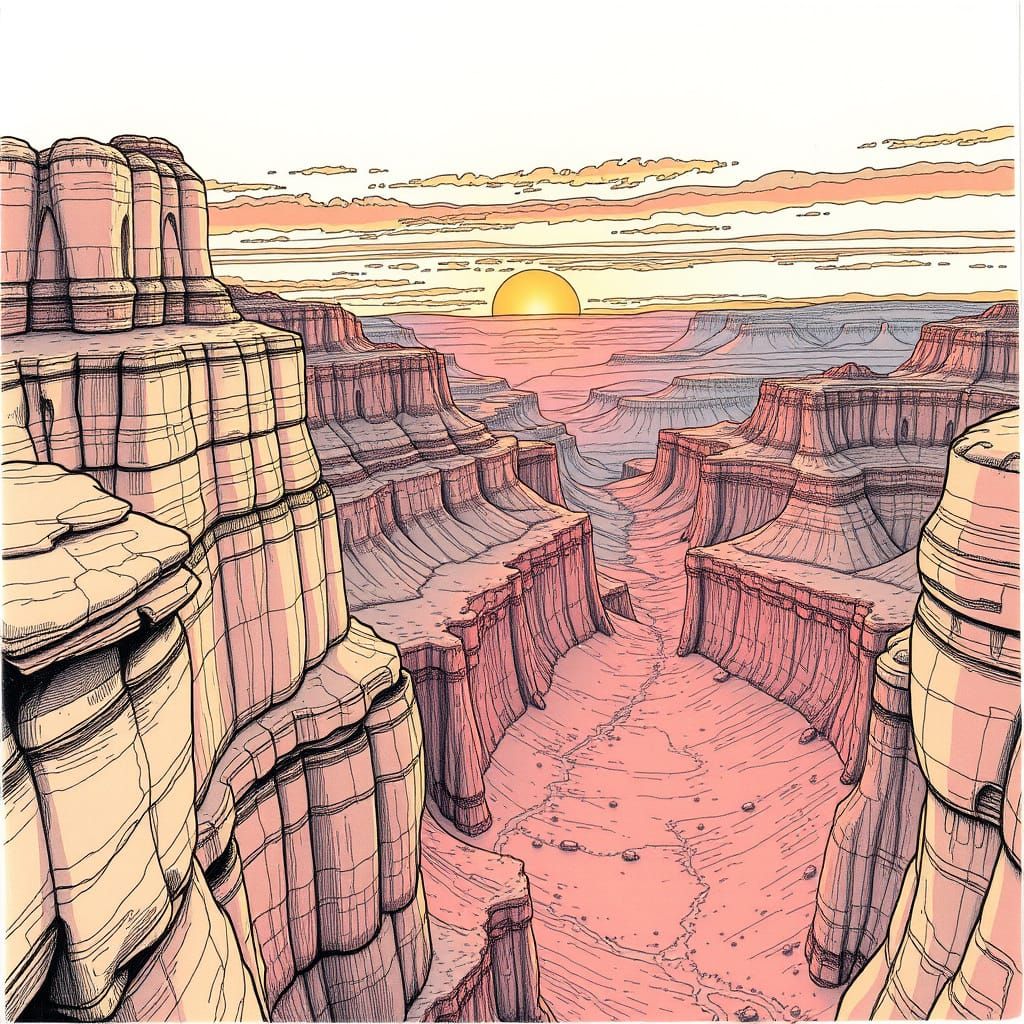 Grand Canyon Sunset in Pen and Ink Style