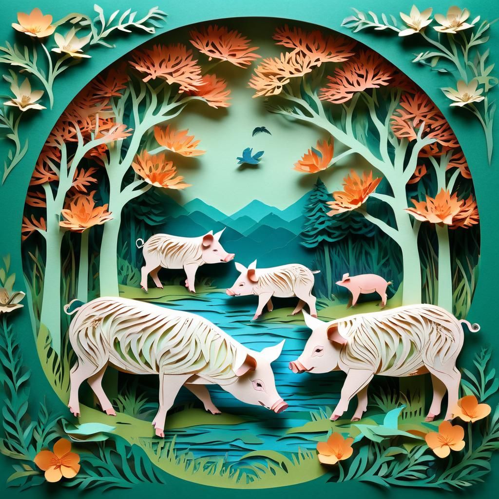 Kirigami Art: Three Piglets in Nature's Beauty