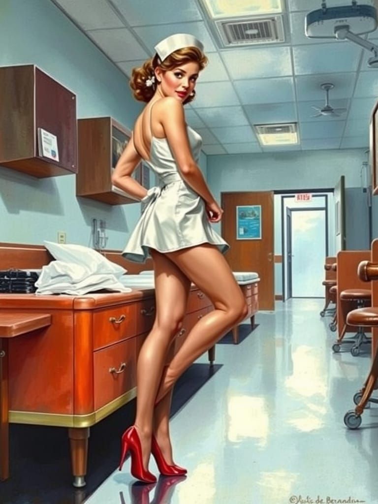 1950s Nurse in Vintage Hospital, Pin-Up Art