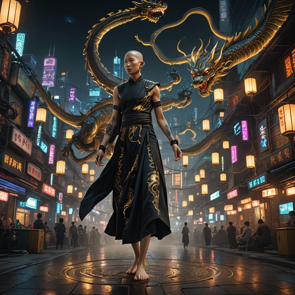 Cyberpunk Monk Meditating in Futuristic City