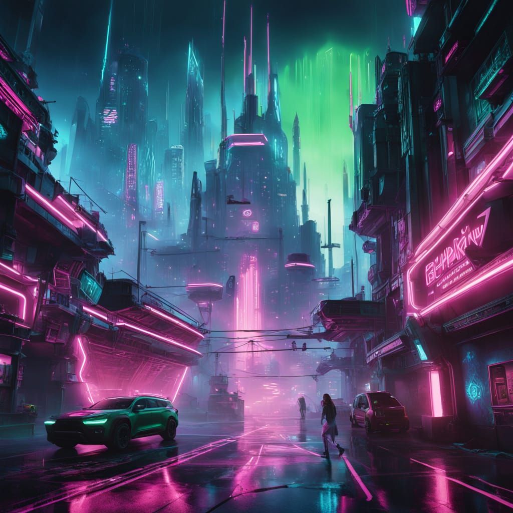 Futuristic Cyberpunk Castle Dominates Dark Cityscape