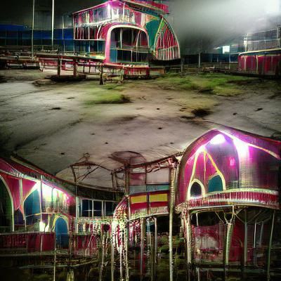 Eerie Abandoned Carnival Fairground at Midnight