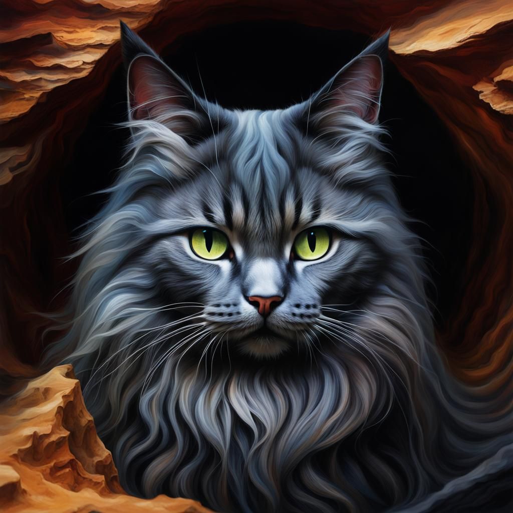 Long-Haired Cat in Cavern: Mixed Media Abstract