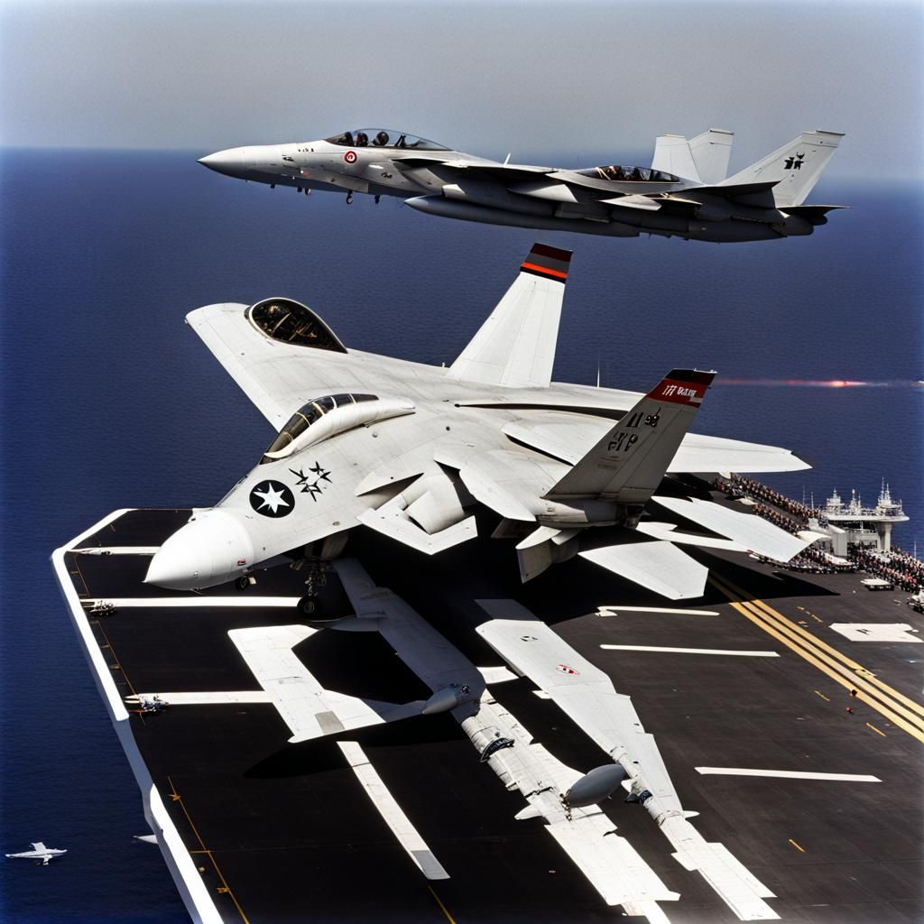 F-14A+ Aircraft Flying Over Aircraft Carrier