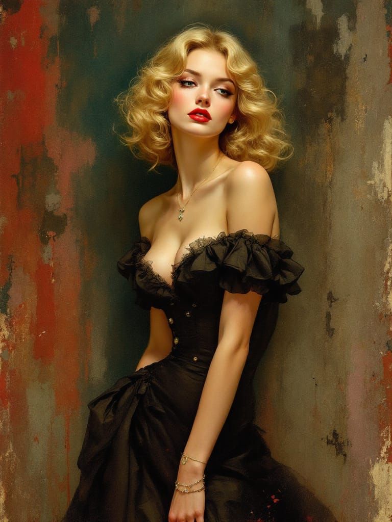 1950s Pin-Up Woman in Atmospheric Oil Painting