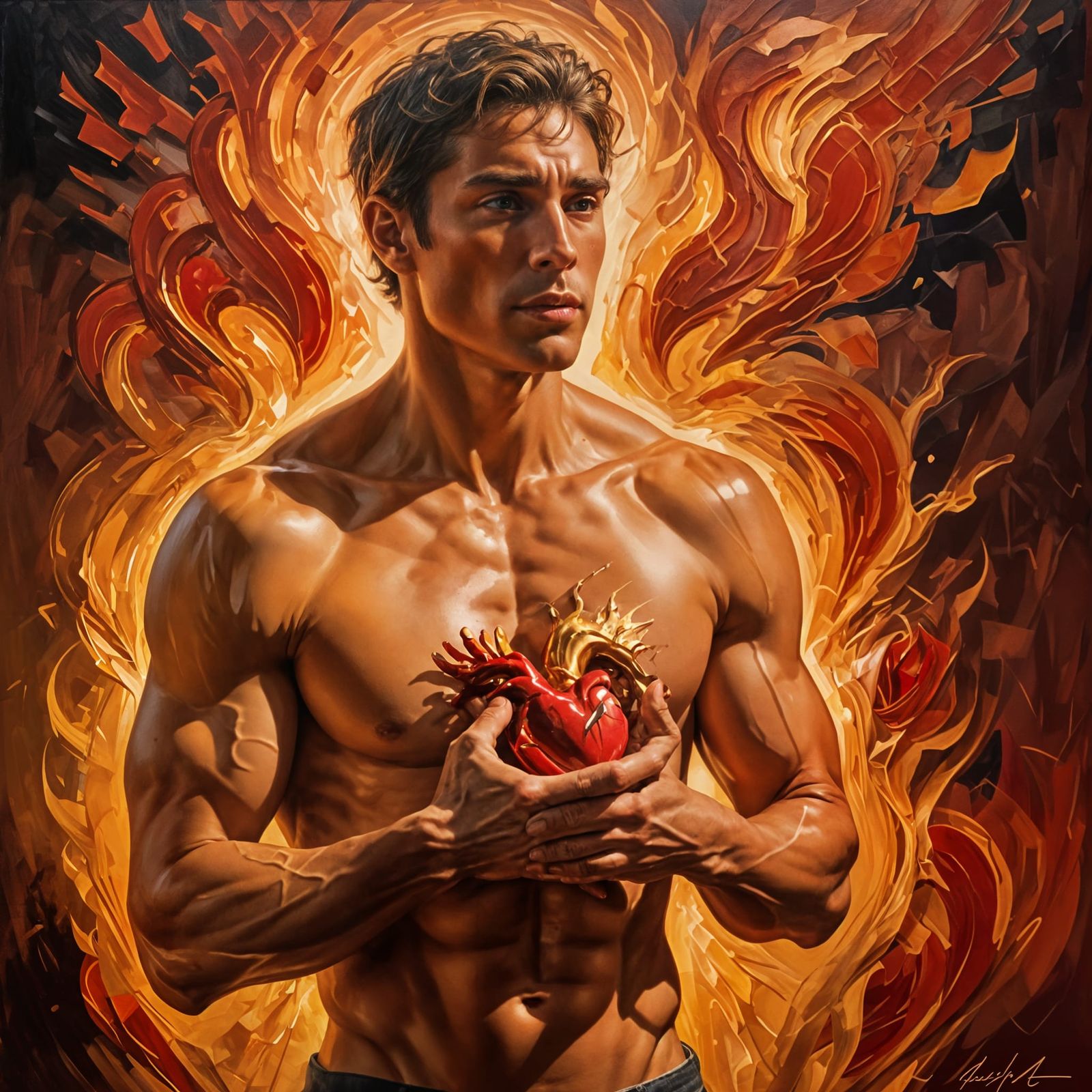 Man Offers Glowing Heart in Vibrant Oil Painting