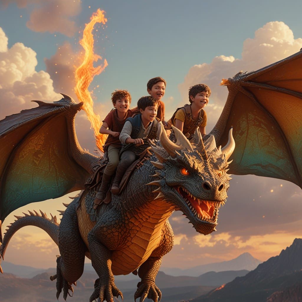 Dad and Kids Ride Dragon in Whimsical Fantasy