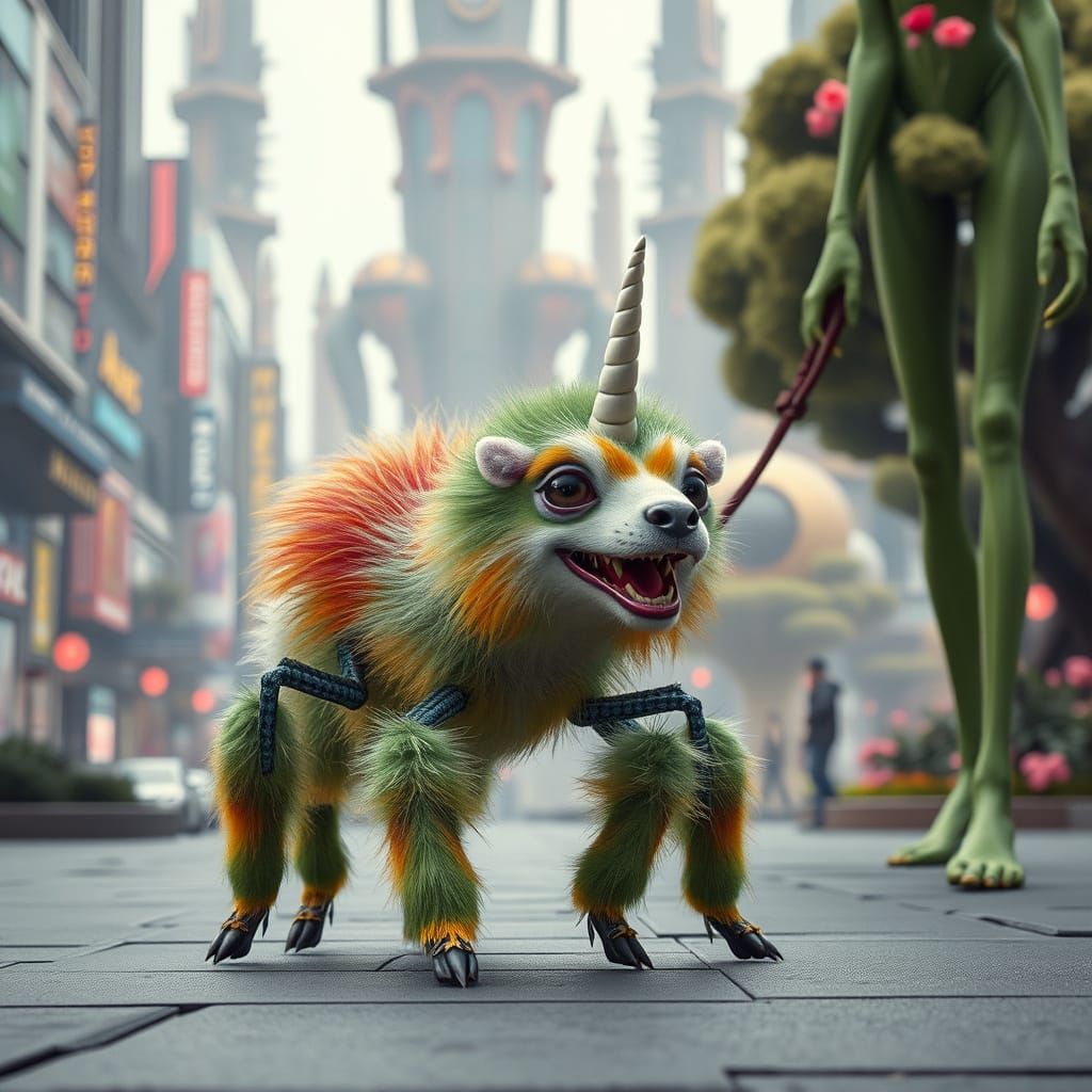 Friendly Multi-Colored Alien Pet Walked in Futuristic City