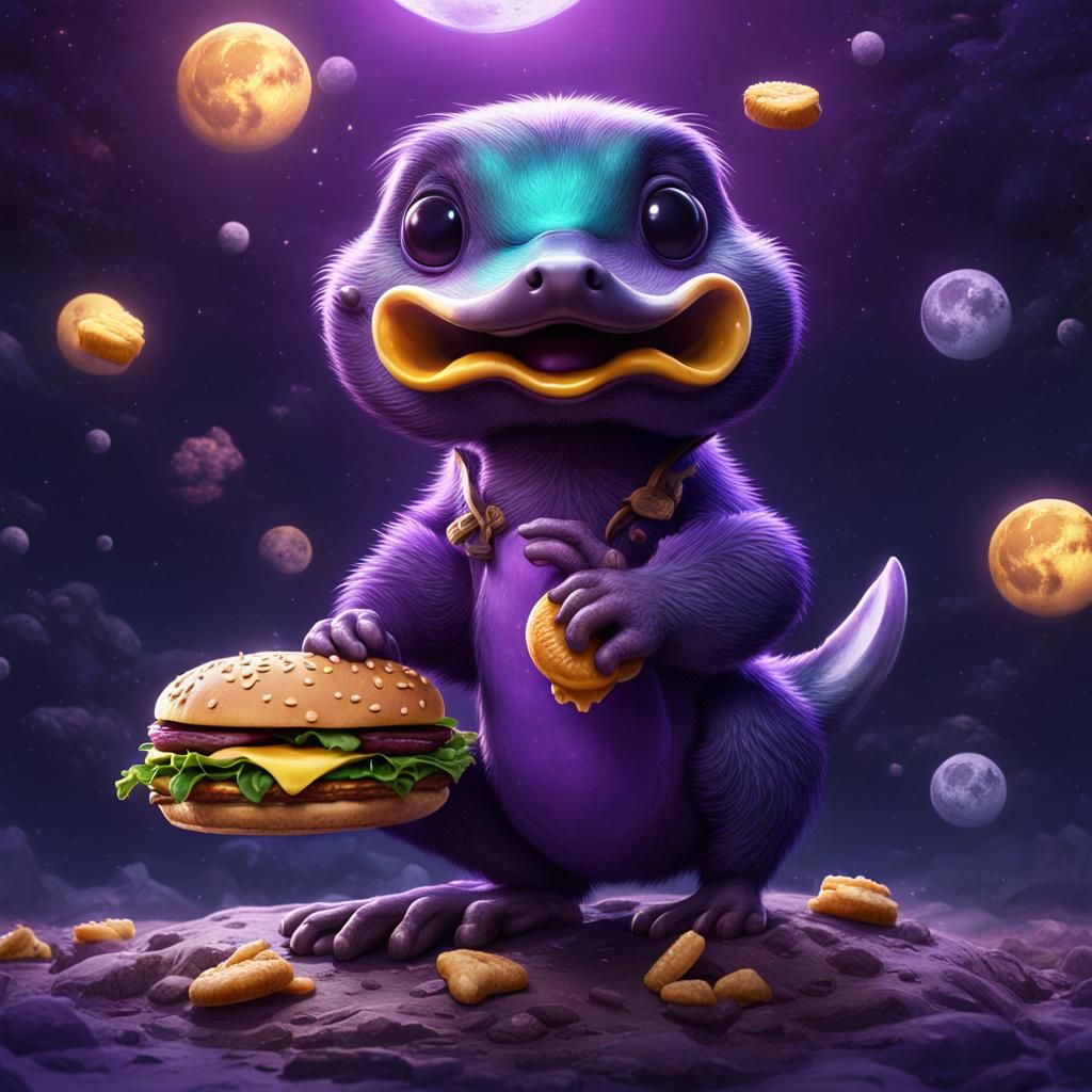 Cute Purple Platypus Eats Hamburger on Moon