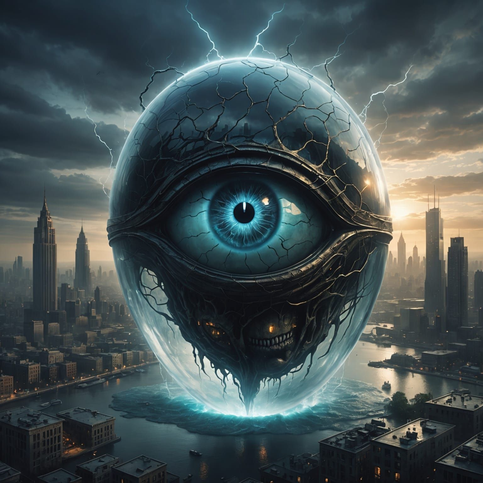 Glass Brain in Moody Dark Fantasy Cityscape