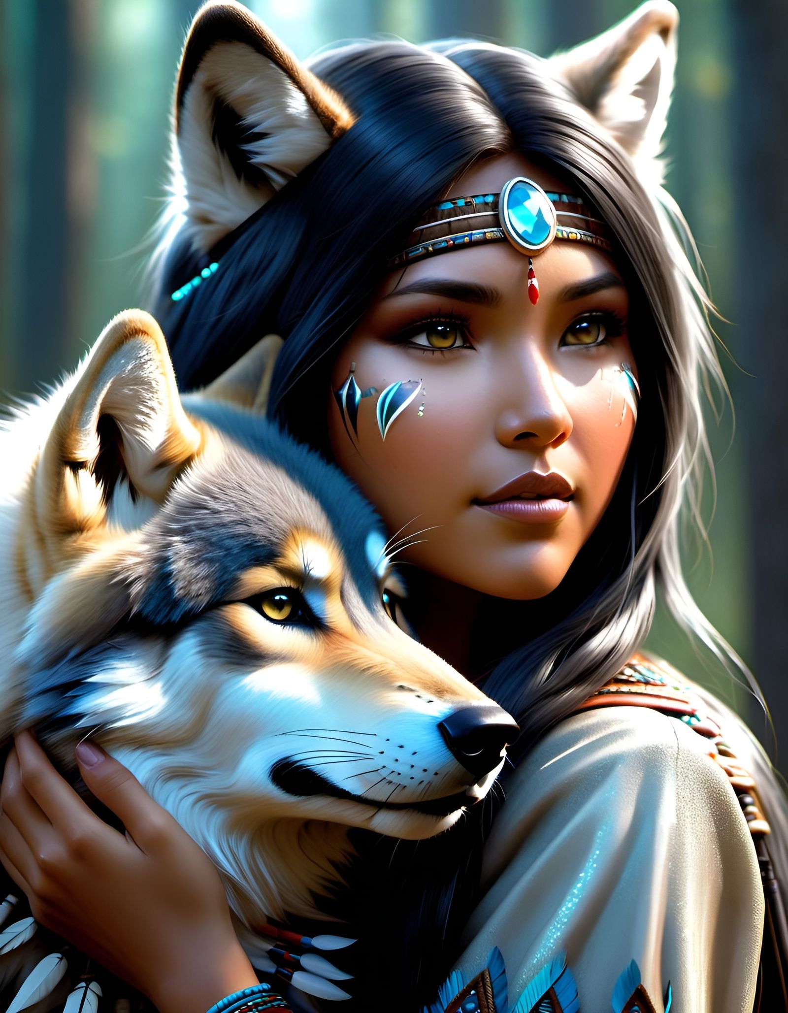 Native Canadian & her Wolf