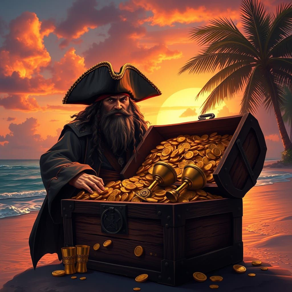 Pirate Captain Guarding Treasure Chest at Sunset