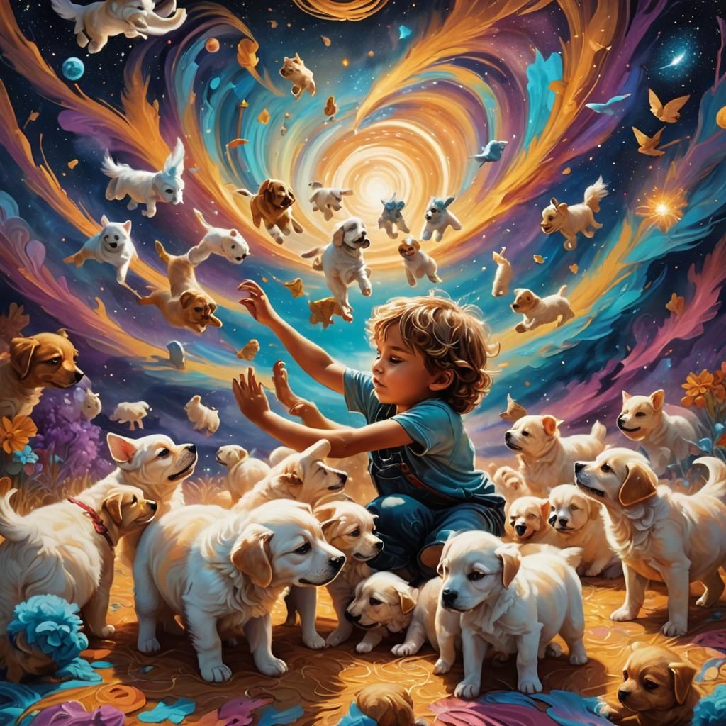 Dreamlike Scene of Child Playing with Puppies