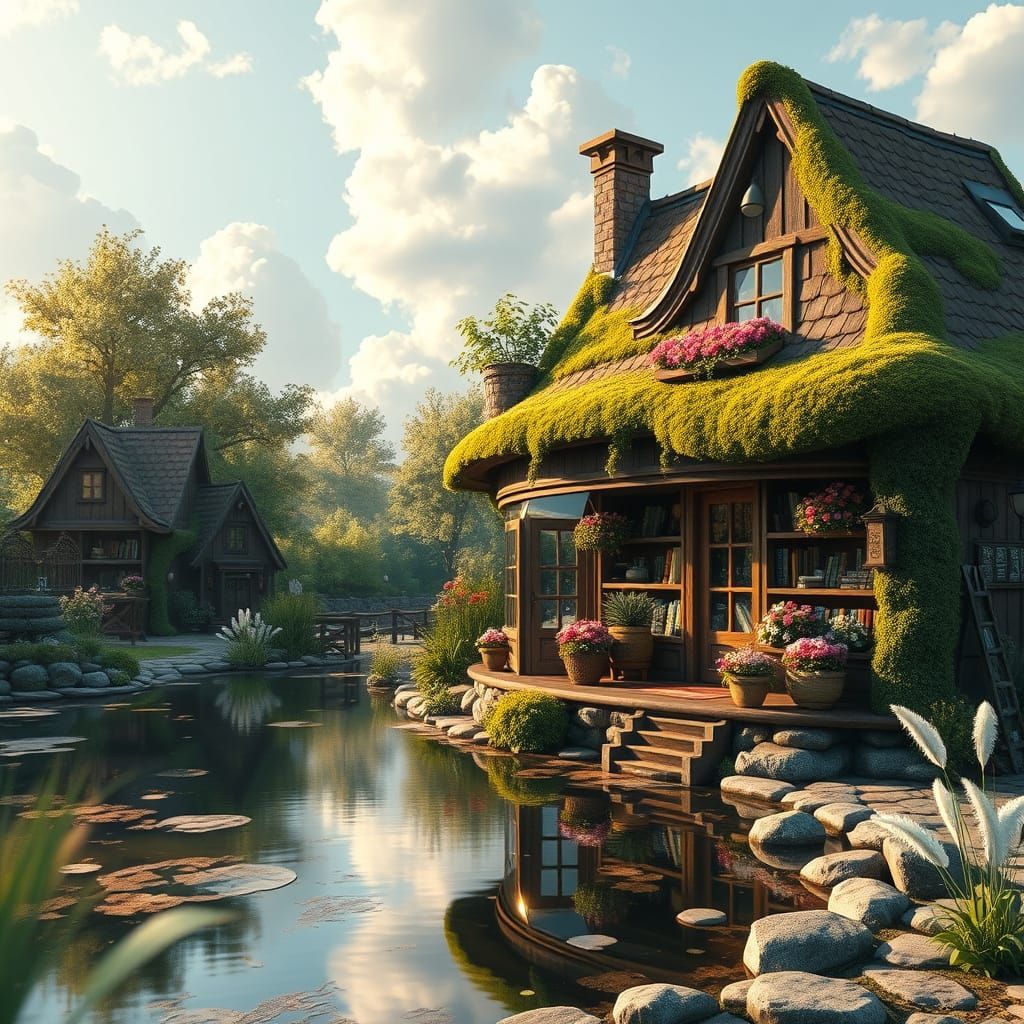 Whimsical Book Shop in Serene Village Landscape