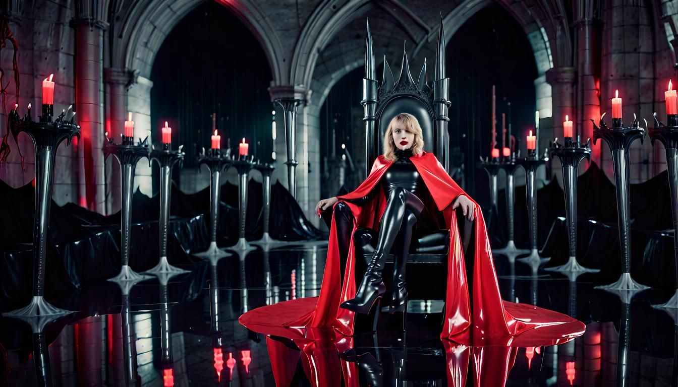 Latex Vampire Queen on Throne: Cinematic Film Still