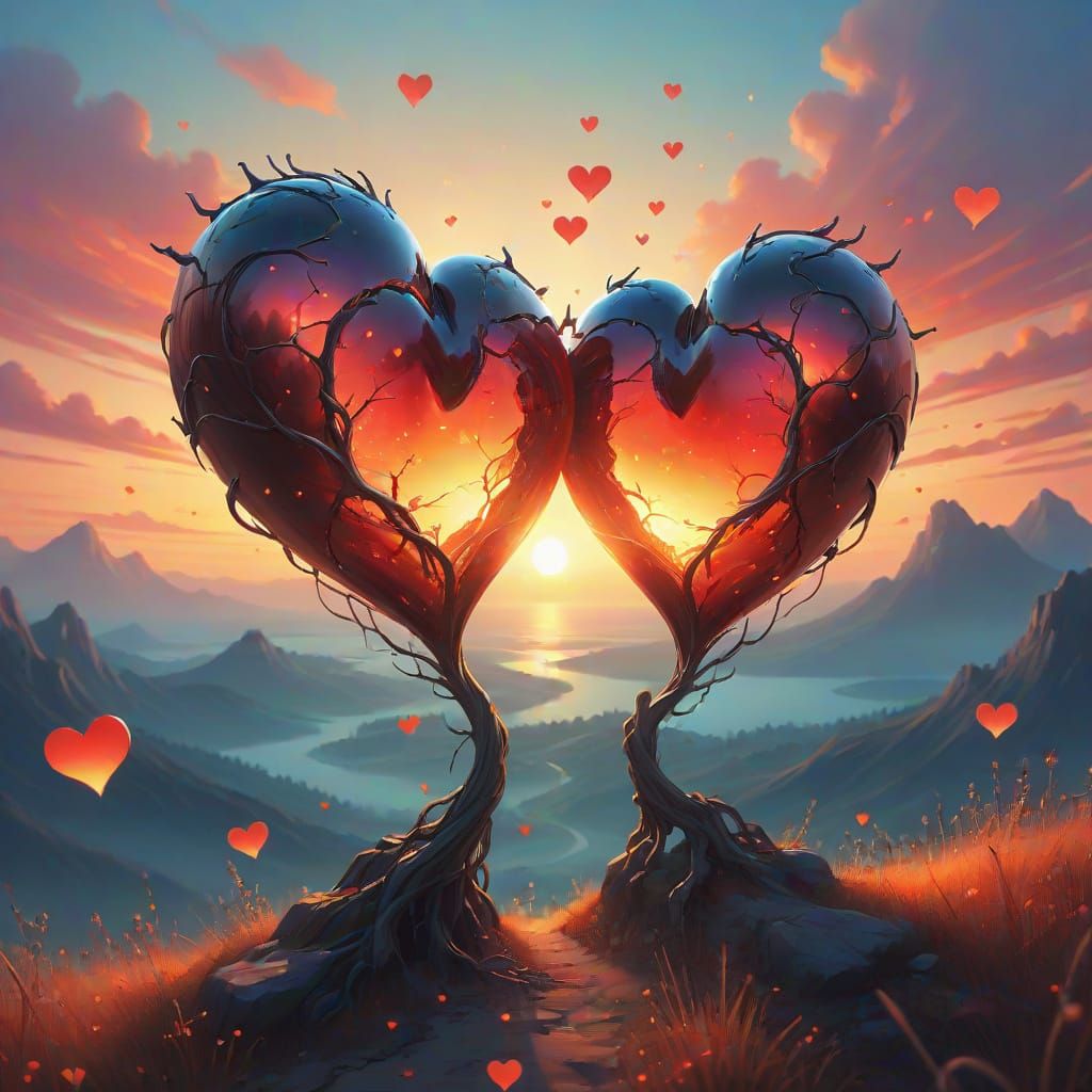 Two Glowing Hearts Merge on Dreamlike Horizon
