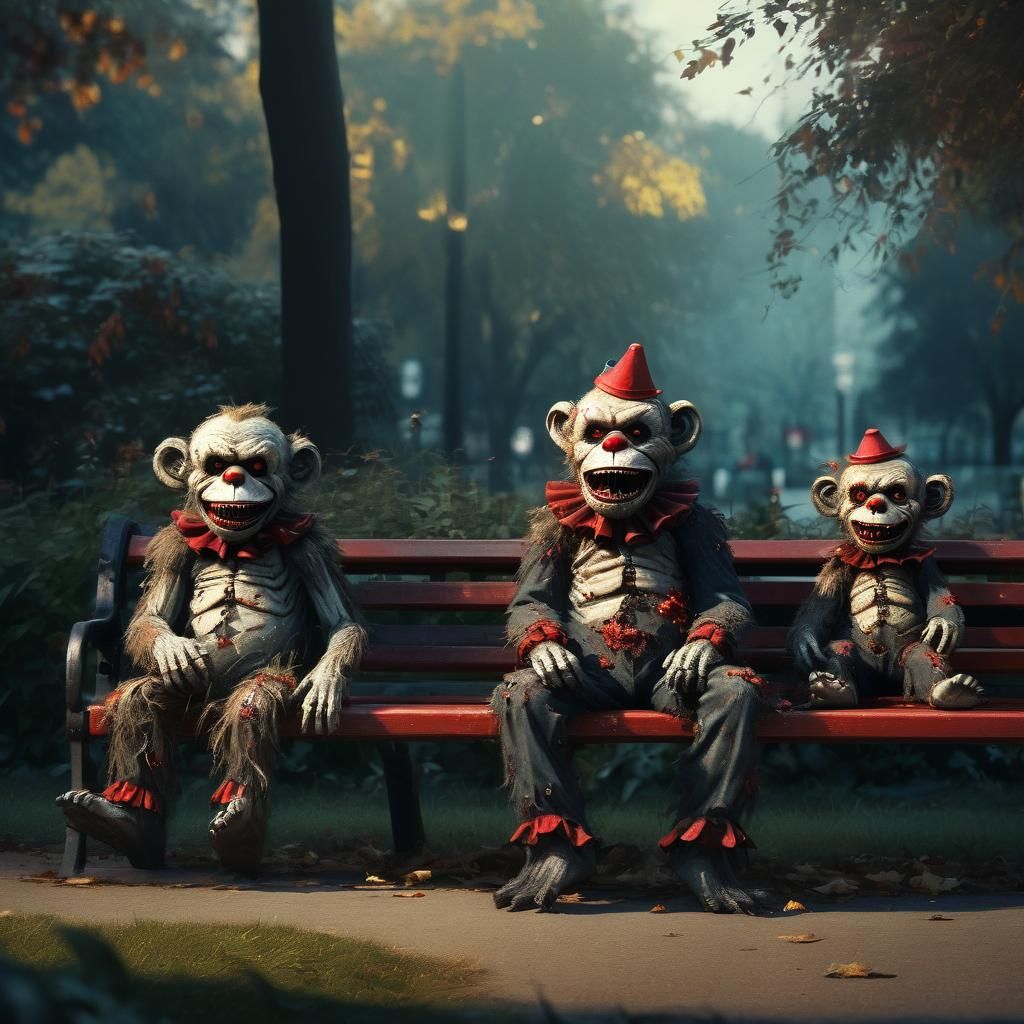 Zombie Teddy Bear Monkey Clown Creatures in Surreal Style