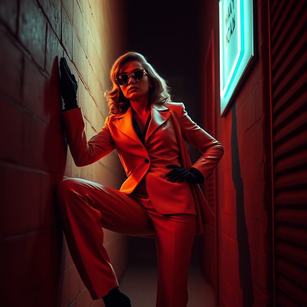 Woman in Neon Alley in Cyberpunk Style