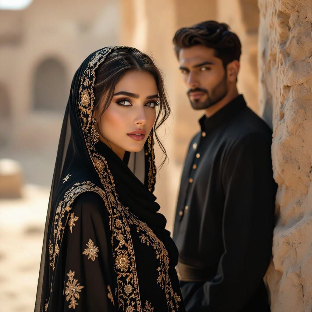 Elegant Woman in Abaya with Man in Ruins