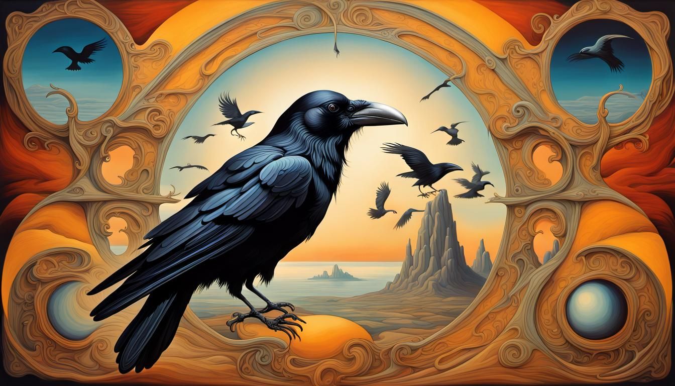 Surreal Raven Poster Art in Art Nouveau Style