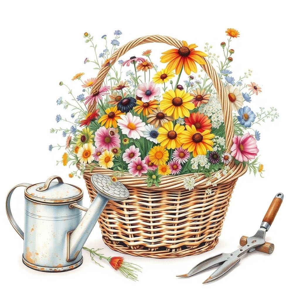 Delicate Watercolour Wildflower Basket in Rustic Style