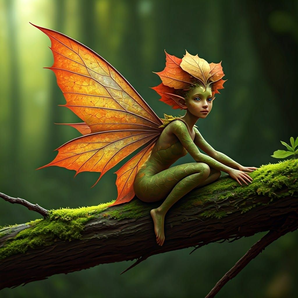Leafwing Fairy Resting on Forest Branch