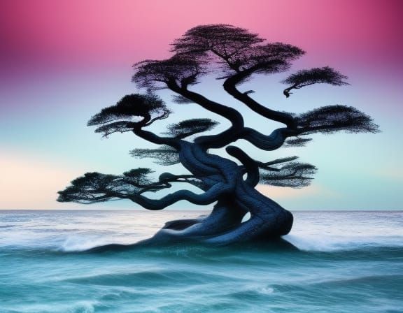 Magical Tree and Shrine in Sweeping Seascapes Style