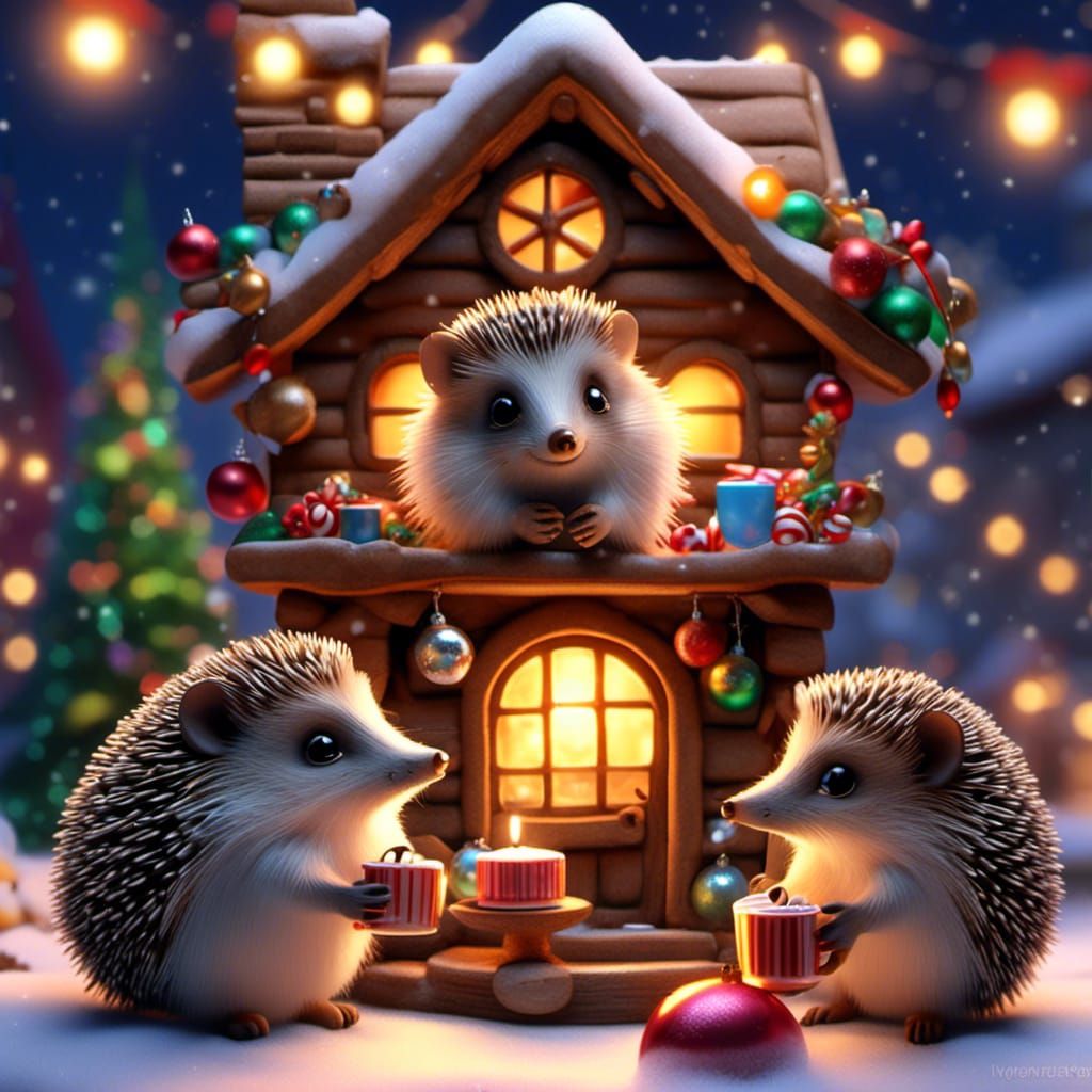 Christmas Hedgehogs in Gingerbread House, Digital Art